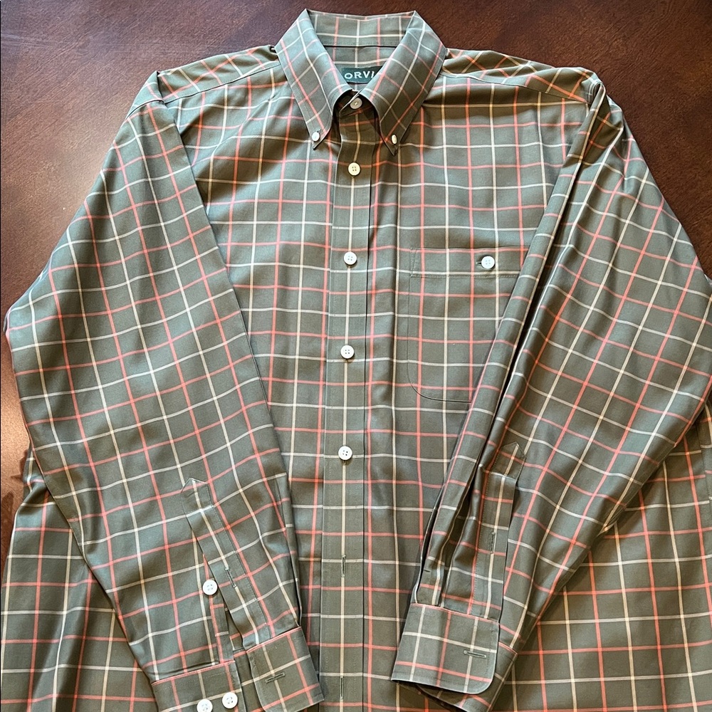 Orvis Olive and Red Plaid Button-Down Shirt Size XL
